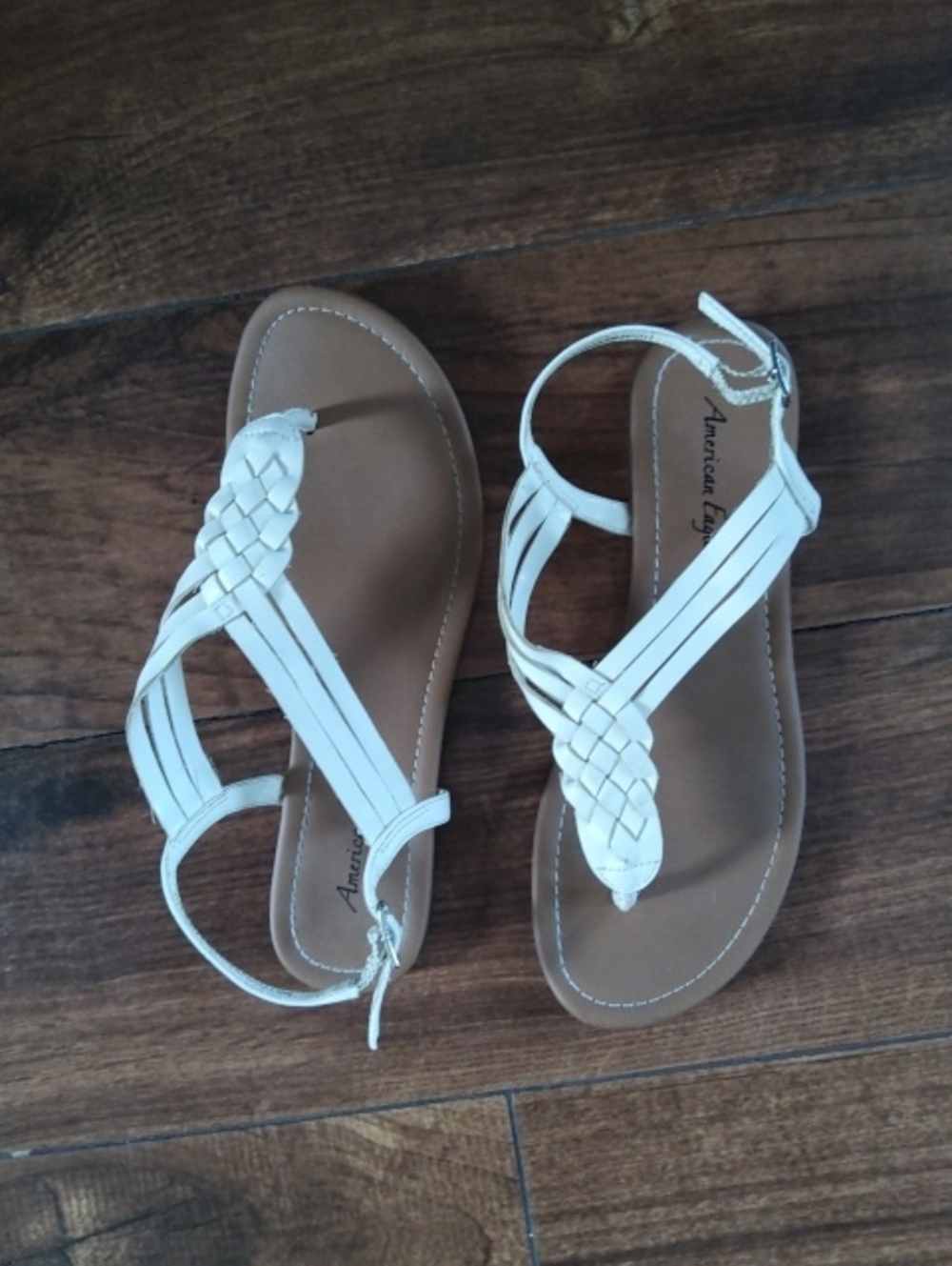 American Eagle White Braided T-Strap Sandals